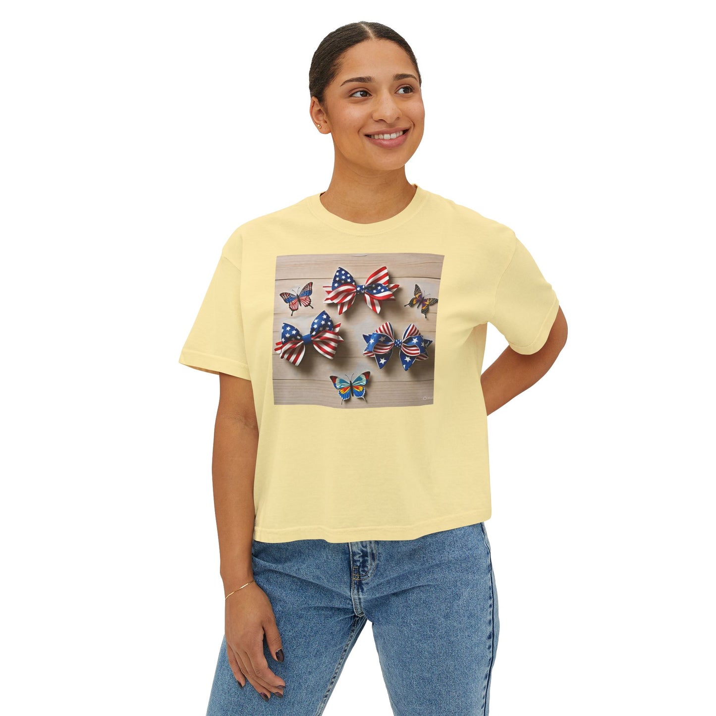 Patriotic Boxy Tee with Butterfly Design, Casual Summer Top, Fourth of July Shirt, Women's Graphic Tee, Cute Custom Apparel