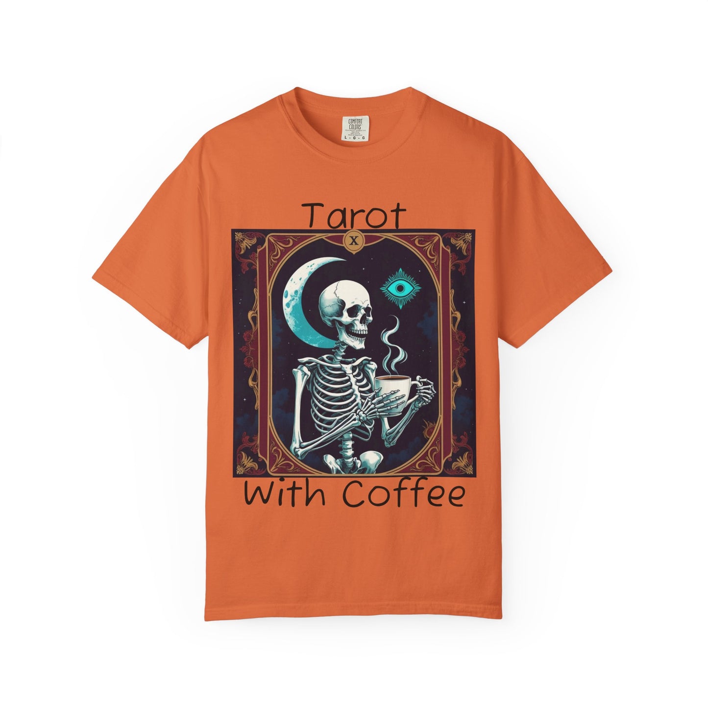 Tarot Coffee Skeleton T-shirt | Unisex Garment-Dyed Graphic Tee for Witches, Halloween, Astrology Lovers, Unique Gift, Spiritual Fashion