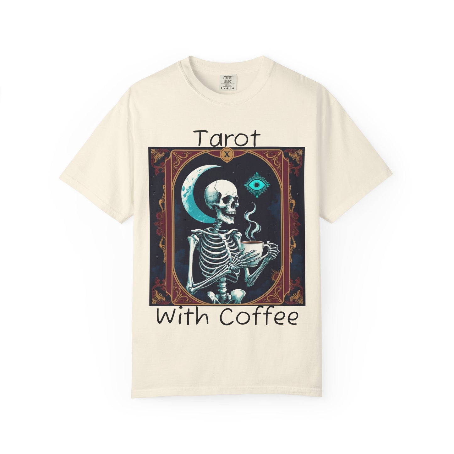 Tarot Coffee Skeleton T-shirt | Unisex Garment-Dyed Graphic Tee for Witches, Halloween, Astrology Lovers, Unique Gift, Spiritual Fashion