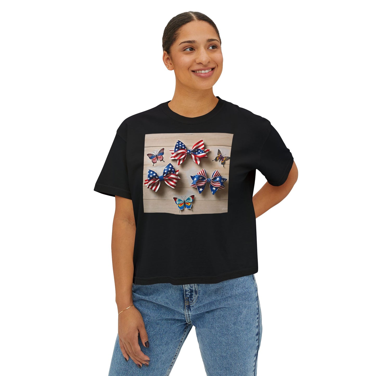 Patriotic Boxy Tee with Butterfly Design, Casual Summer Top, Fourth of July Shirt, Women's Graphic Tee, Cute Custom Apparel