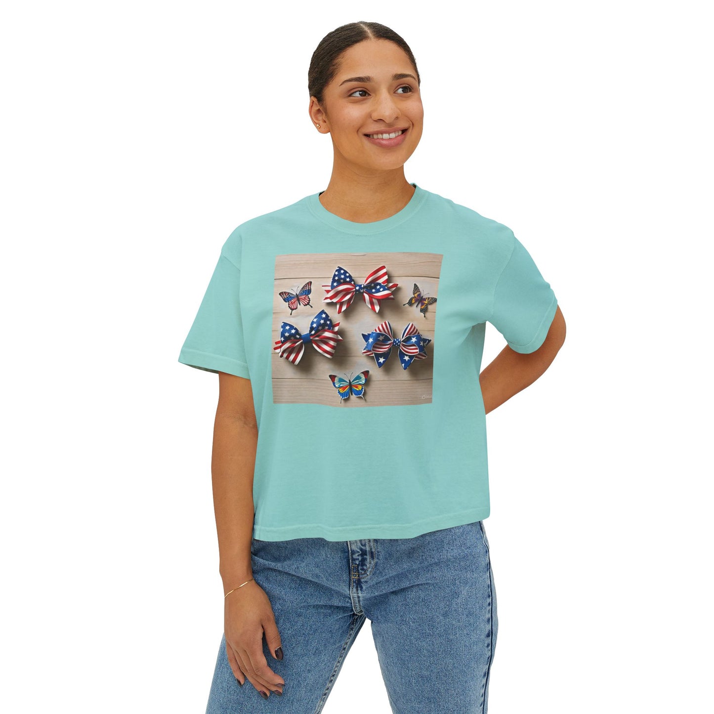 Patriotic Boxy Tee with Butterfly Design, Casual Summer Top, Fourth of July Shirt, Women's Graphic Tee, Cute Custom Apparel