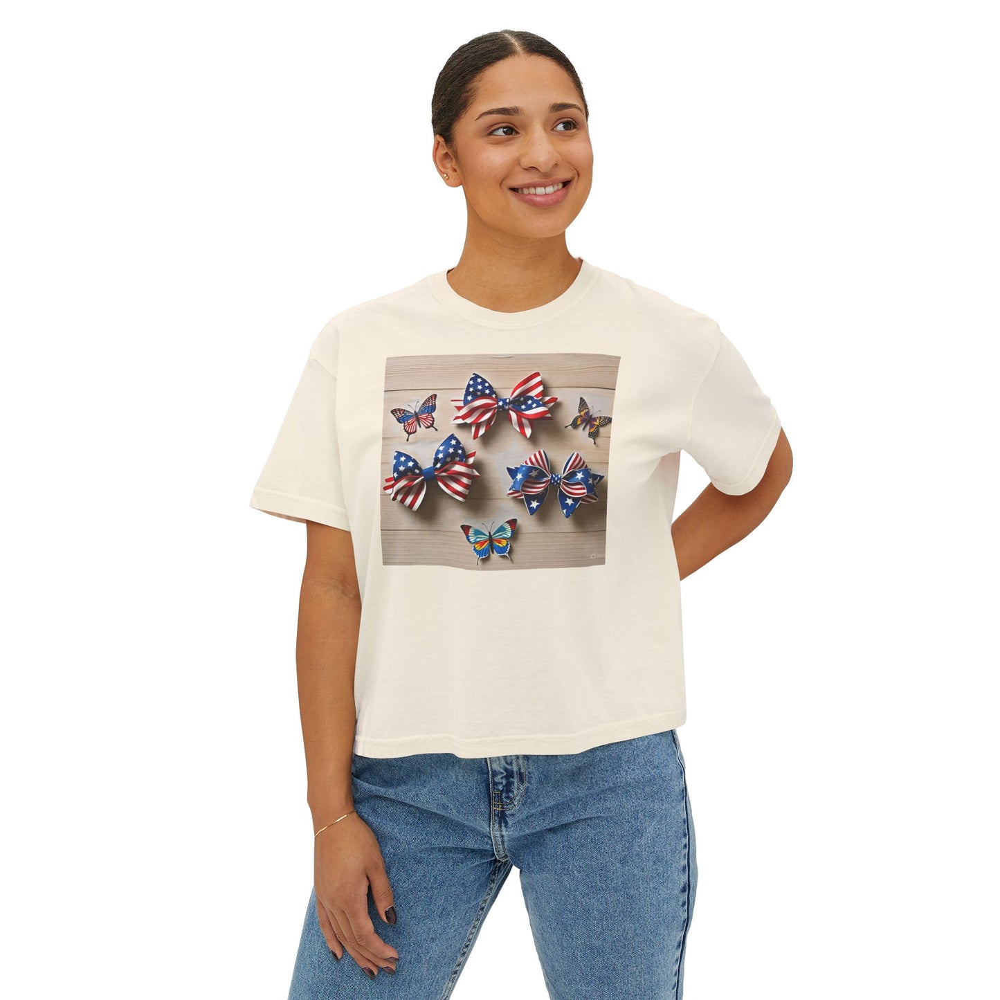 Patriotic Boxy Tee with Butterfly Design, Casual Summer Top, Fourth of July Shirt, Women's Graphic Tee, Cute Custom Apparel