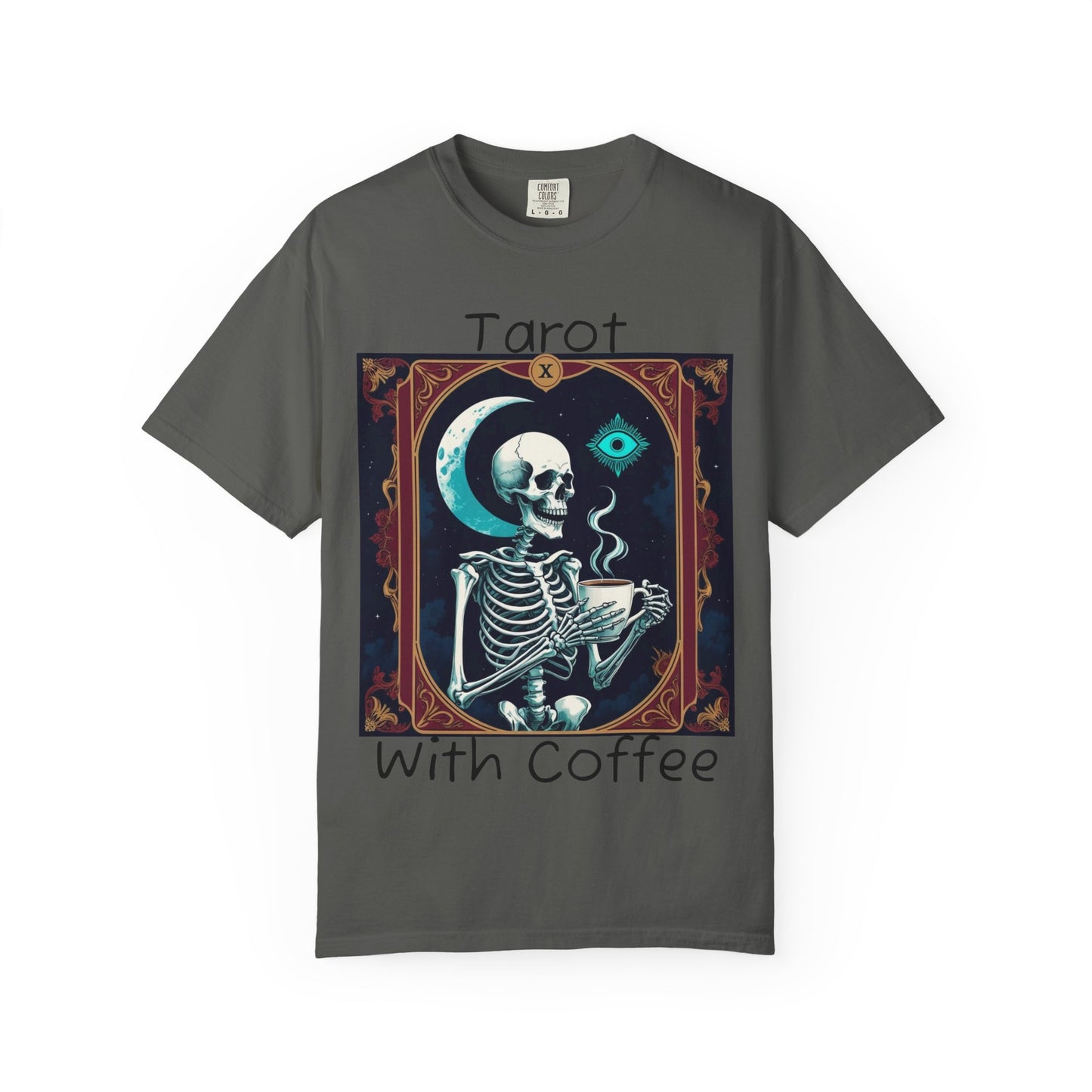 Tarot Coffee Skeleton T-shirt | Unisex Garment-Dyed Graphic Tee for Witches, Halloween, Astrology Lovers, Unique Gift, Spiritual Fashion