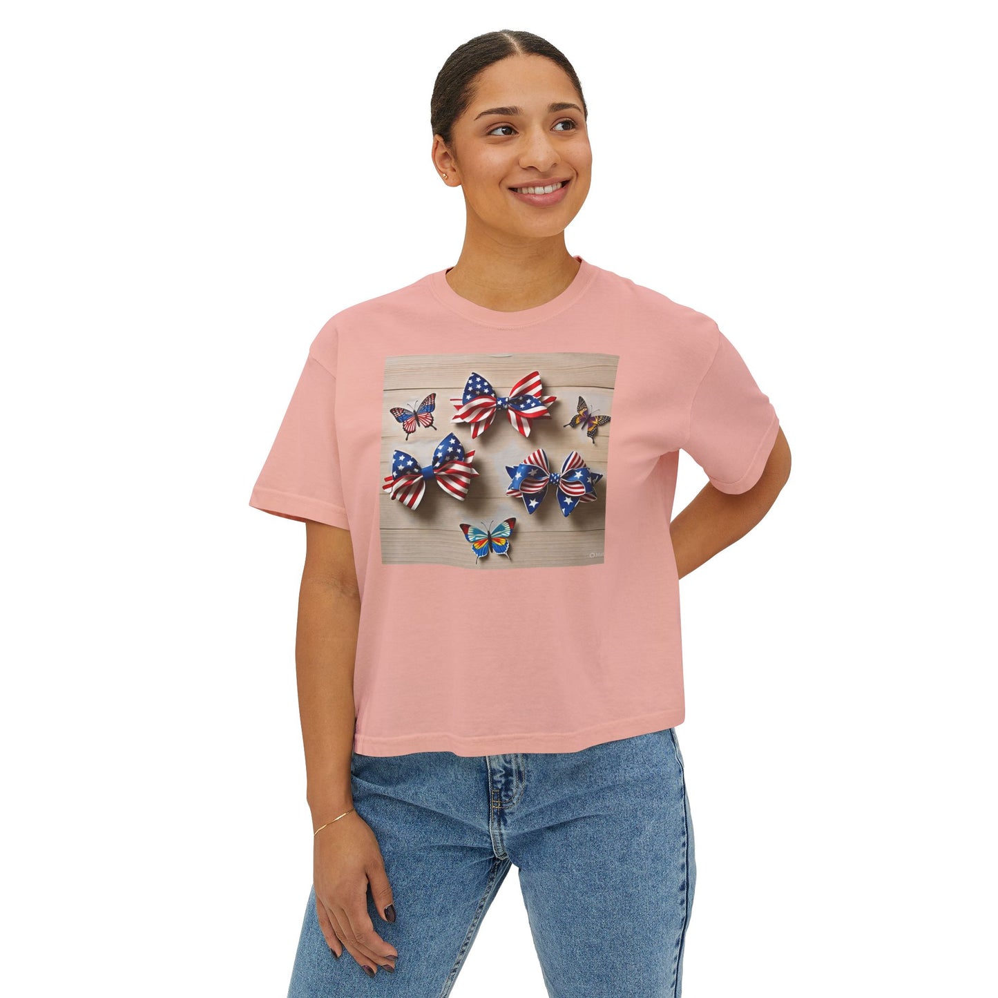 Patriotic Boxy Tee with Butterfly Design, Casual Summer Top, Fourth of July Shirt, Women's Graphic Tee, Cute Custom Apparel