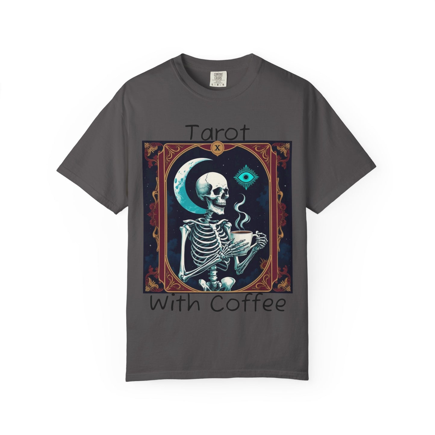 Tarot Coffee Skeleton T-shirt | Unisex Garment-Dyed Graphic Tee for Witches, Halloween, Astrology Lovers, Unique Gift, Spiritual Fashion