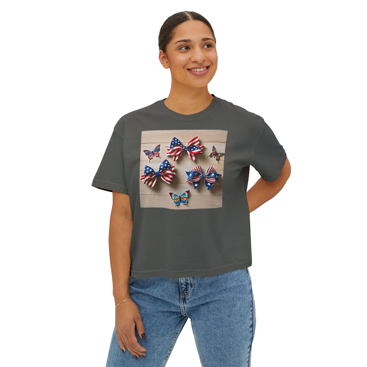 Patriotic Boxy Tee with Butterfly Design, Casual Summer Top, Fourth of July Shirt, Women's Graphic Tee, Cute Custom Apparel