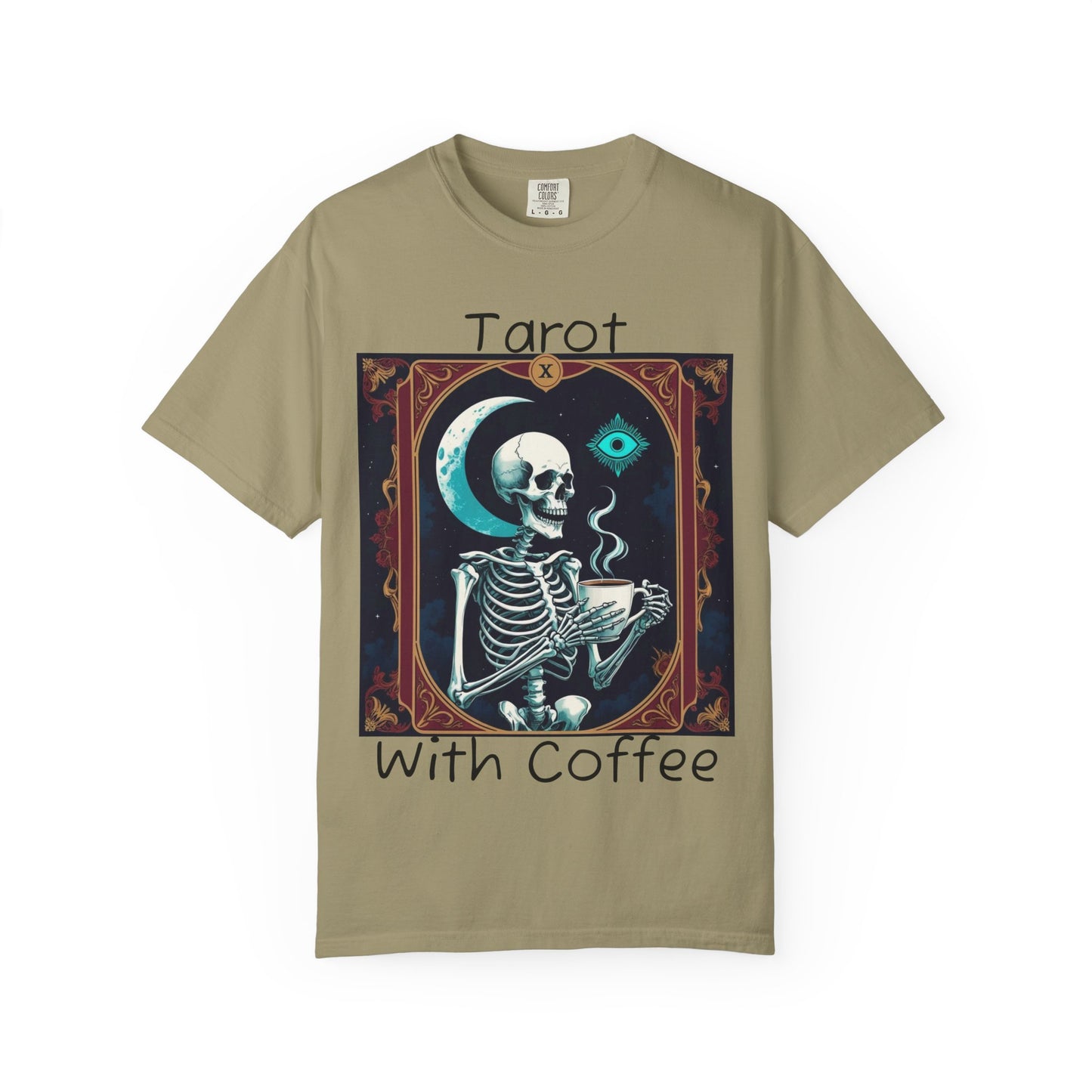 Tarot Coffee Skeleton T-shirt | Unisex Garment-Dyed Graphic Tee for Witches, Halloween, Astrology Lovers, Unique Gift, Spiritual Fashion