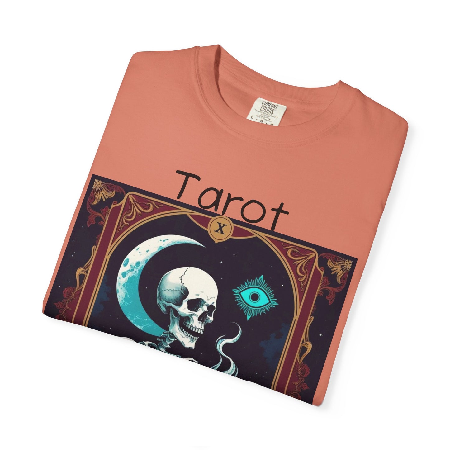 Tarot Coffee Skeleton T-shirt | Unisex Garment-Dyed Graphic Tee for Witches, Halloween, Astrology Lovers, Unique Gift, Spiritual Fashion