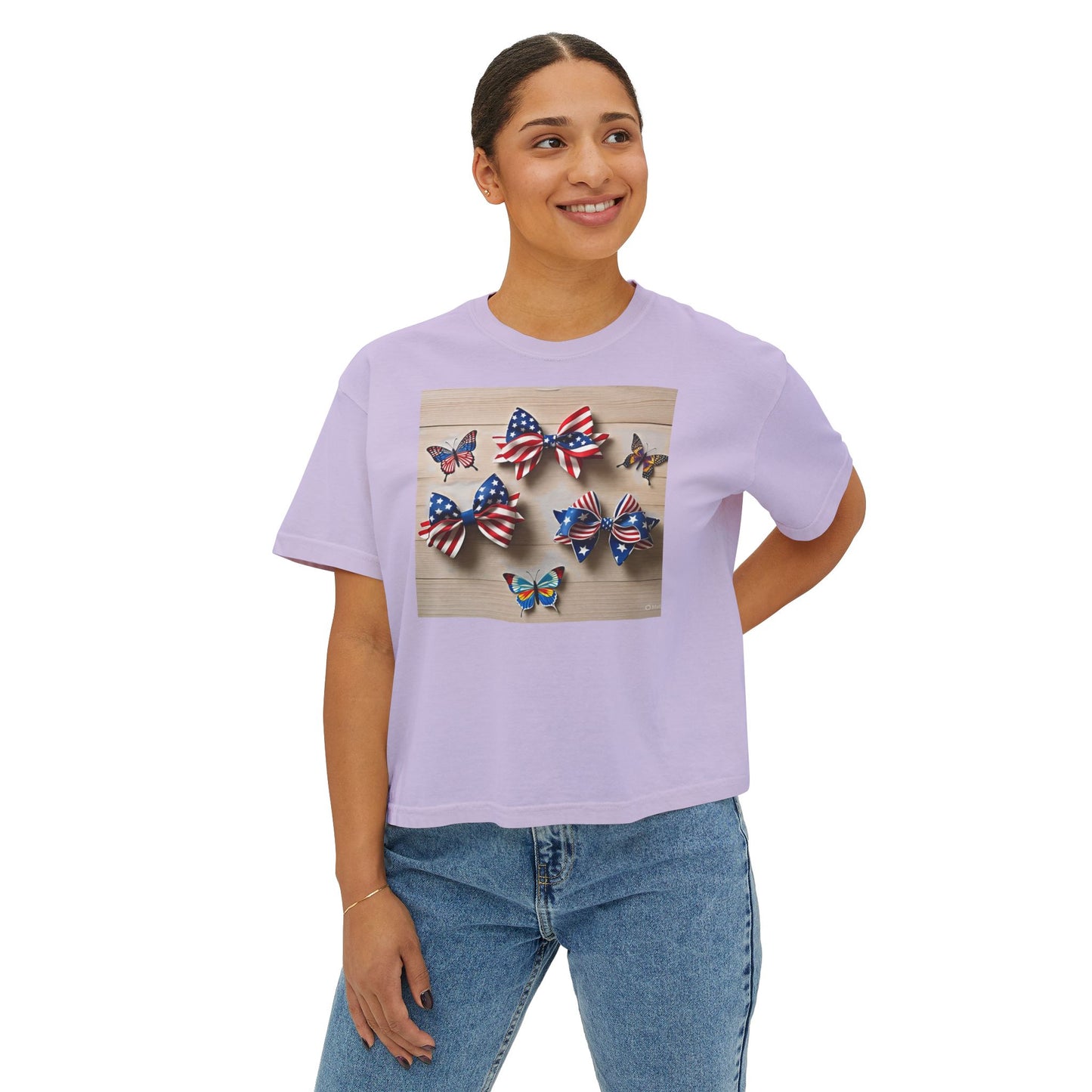 Patriotic Boxy Tee with Butterfly Design, Casual Summer Top, Fourth of July Shirt, Women's Graphic Tee, Cute Custom Apparel