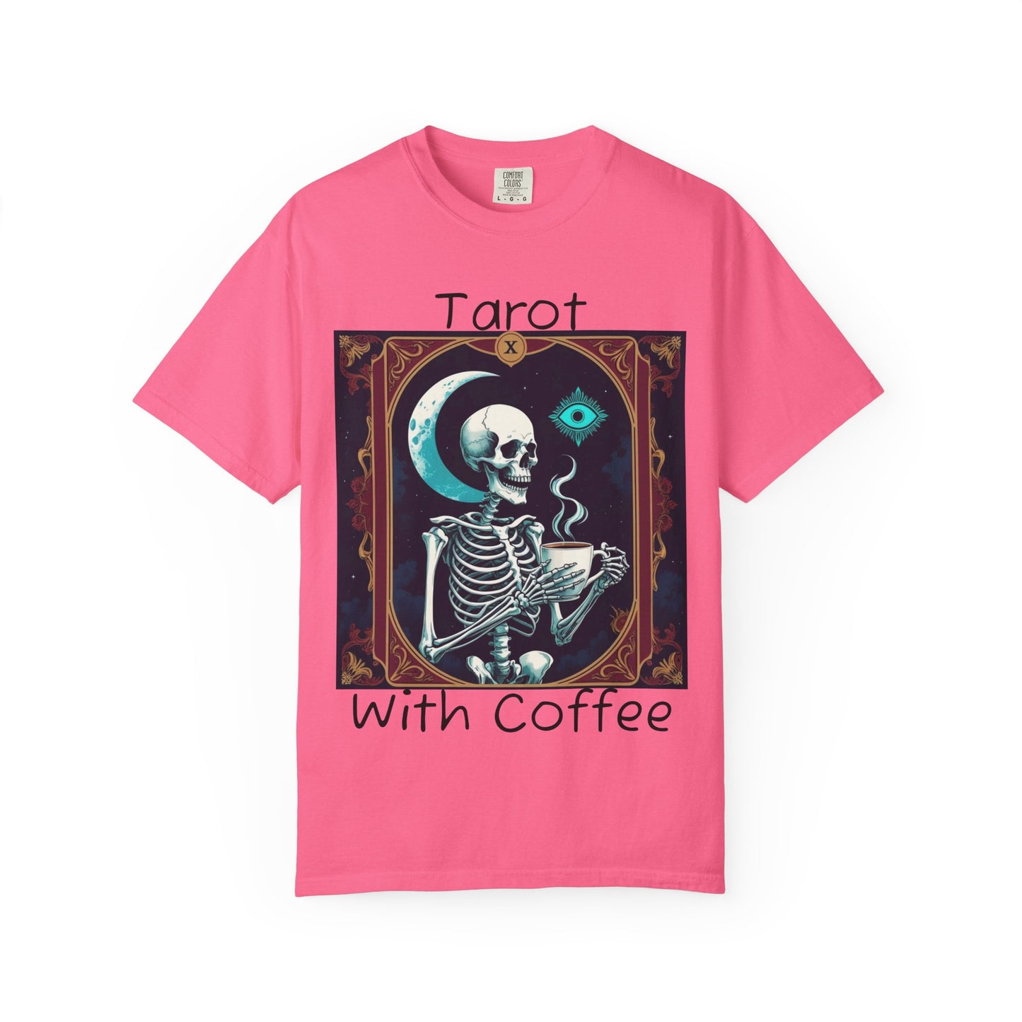 Tarot Coffee Skeleton T-shirt | Unisex Garment-Dyed Graphic Tee for Witches, Halloween, Astrology Lovers, Unique Gift, Spiritual Fashion