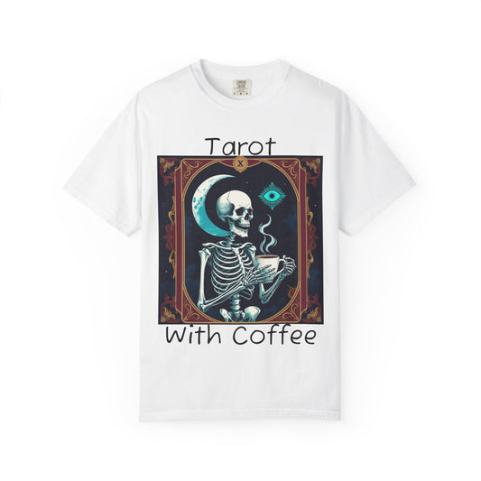 Tarot Coffee Skeleton T-shirt | Unisex Garment-Dyed Graphic Tee for Witches, Halloween, Astrology Lovers, Unique Gift, Spiritual Fashion
